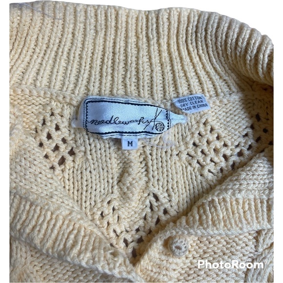 NEEDLEWORKS vintage yellow cable knit short sleeve polo sweater size medium - Picture 2 of 6